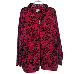Liz & Me x Catherines Velour Zip Up Jacket Plus 2X Red Black Scroll Houndstooth